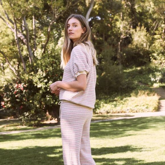 THE GREAT. Striped Crew Neck Sweater - Pink and Cream - Picture 4 of 11